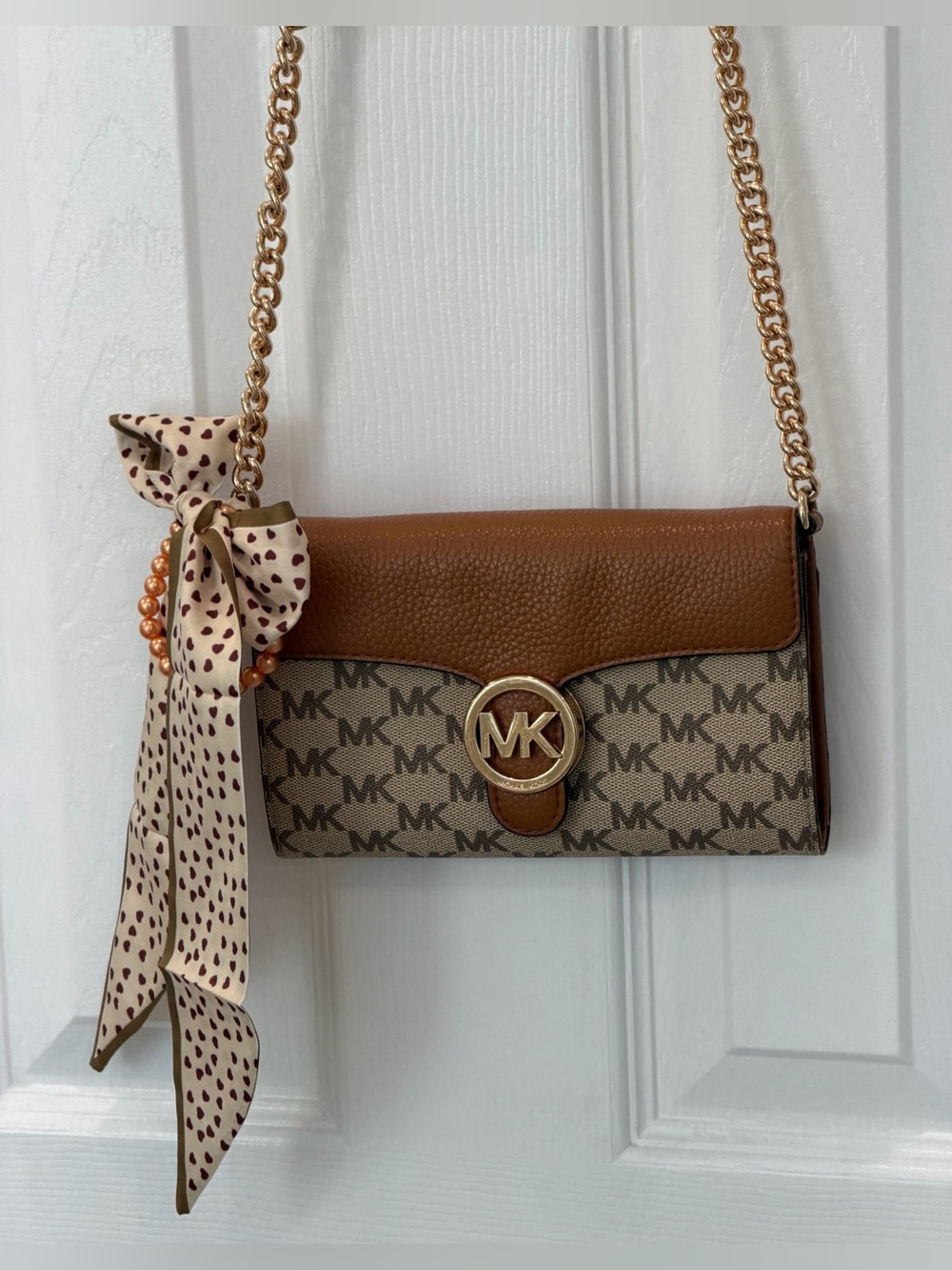 Michael Kors Tan Brown MK Logo Chain Crossbody